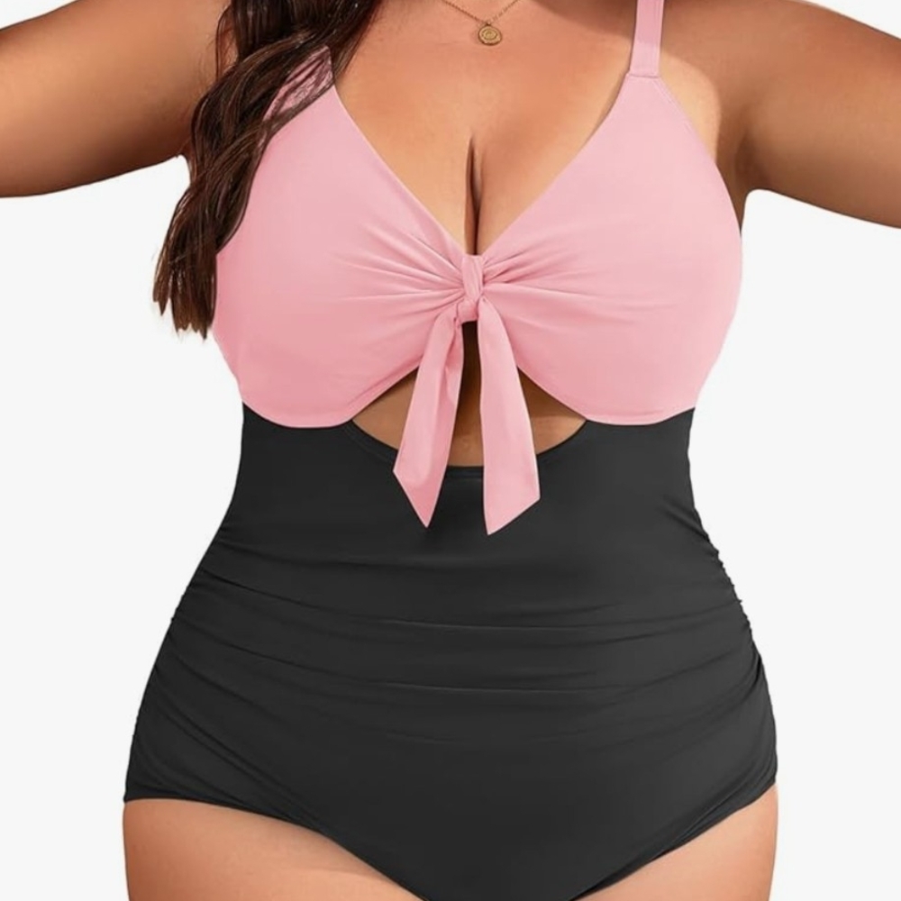Aqua Eve Pink and Black Women's One Piece Swimsuit Features Front Cutout Sz 16W